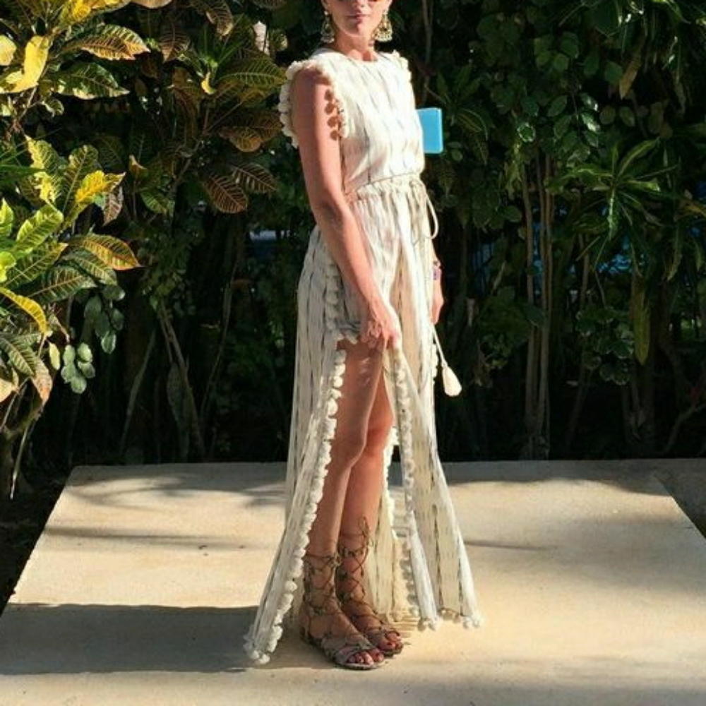 Caló Tulum boho maxi beach dress with pom pom details
